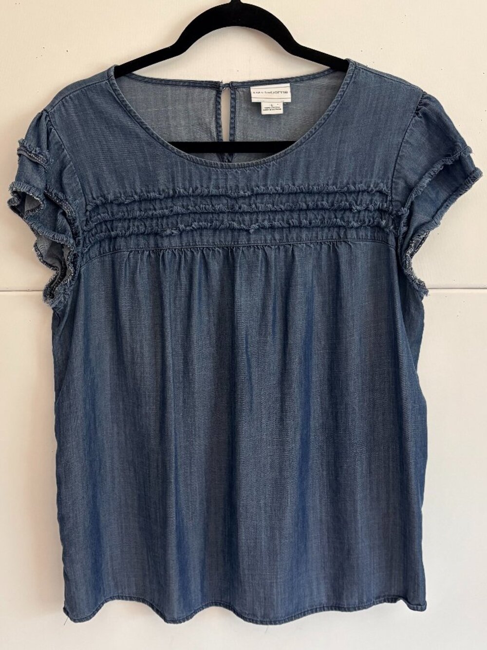 Liz Claiborne Woman Chambray Blouse Frayed Ruffle Sleeve Boho Denim Top L